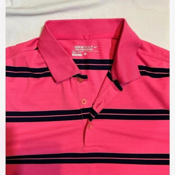 Nike Golf Tour Performance Neon Pink Blue Striped Polo  Shirt Dri-Fit Large - Picture 4 of 8